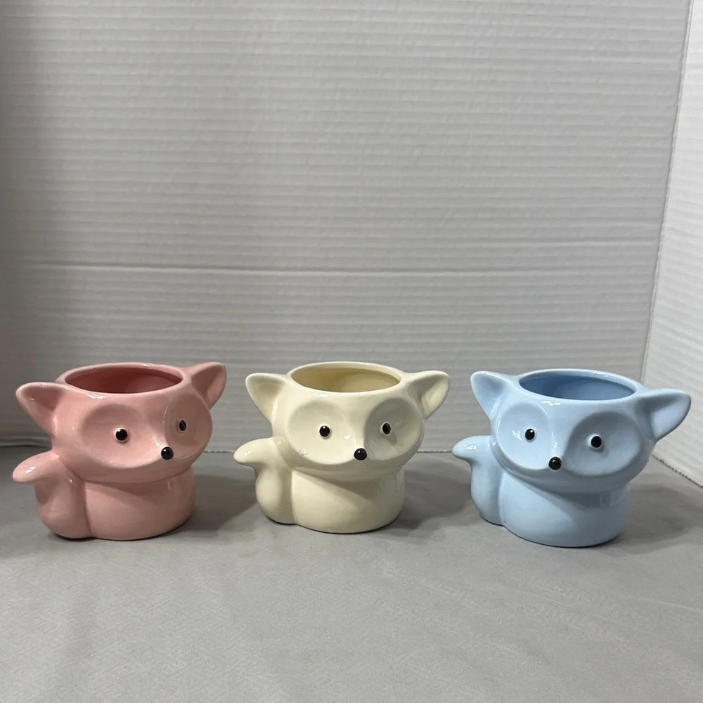 Set of 3 Fox Shaped Ceramic Planters Pink Blue Cream Small Potted or Air Plants